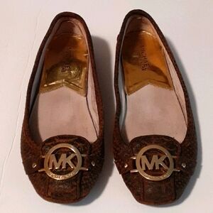 MICHAEL KORS SLIPPER Ballet Snake Print Large Goldtone MK Logo Size 6.5